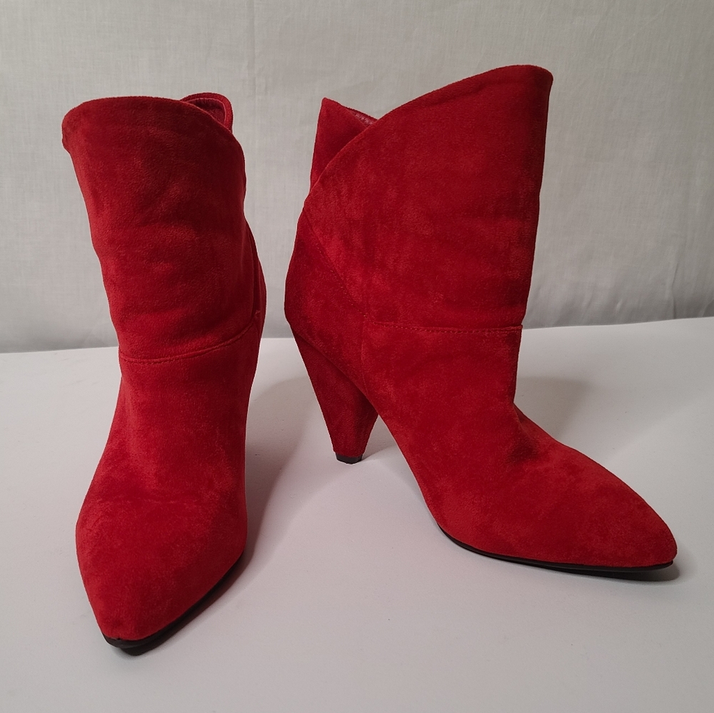RED FAUX SUEDE ANKLE BOOTS